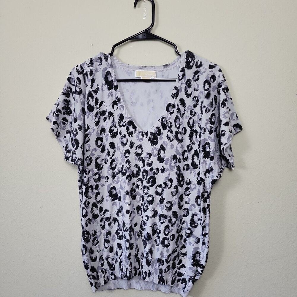 Michael Kors Womens White Black Abstract Short Sleeve V Neck Basic Blouse Size M